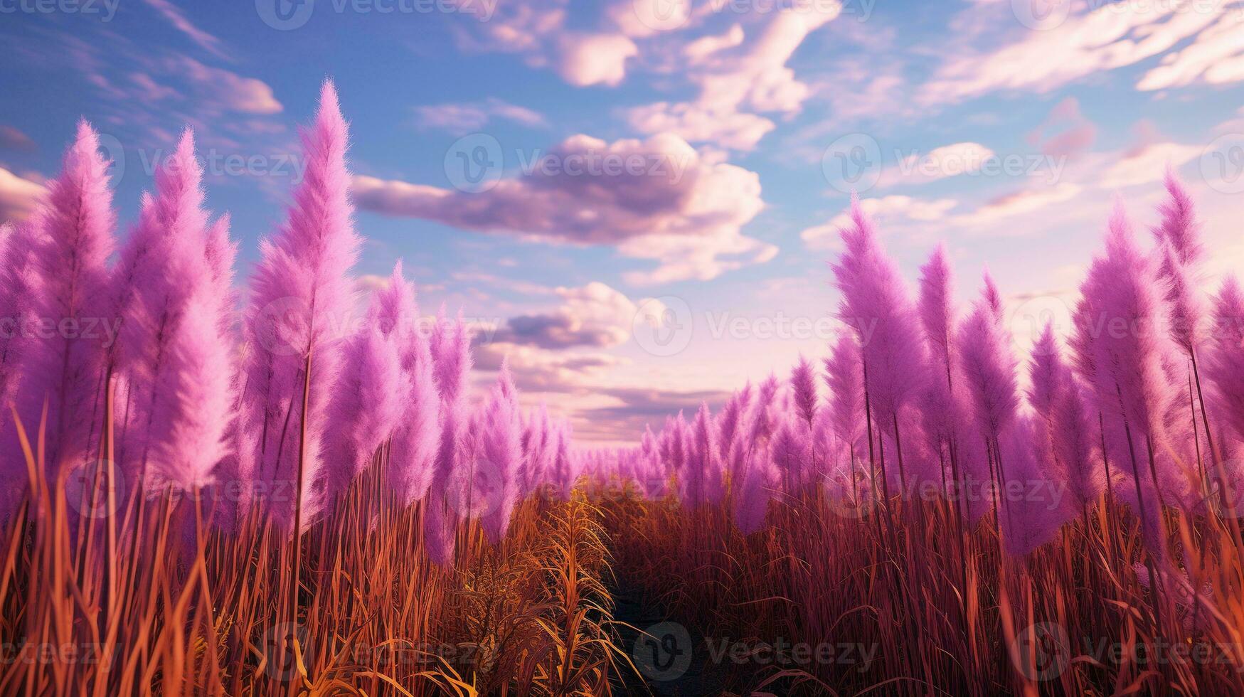 Generative AI, Pampa purple lavender color grass branch with sky. Abstract natural boho background of soft plants, Cortaderia selloana photo