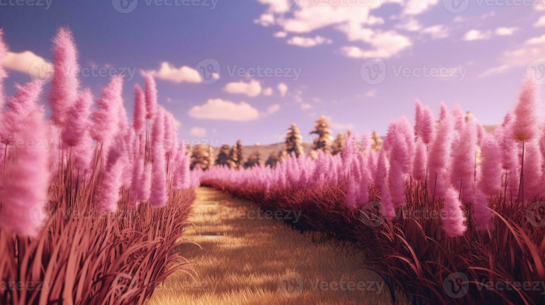 Generative AI, Pampa purple lavender color grass branch with sky. Abstract natural boho background of soft plants, Cortaderia selloana photo