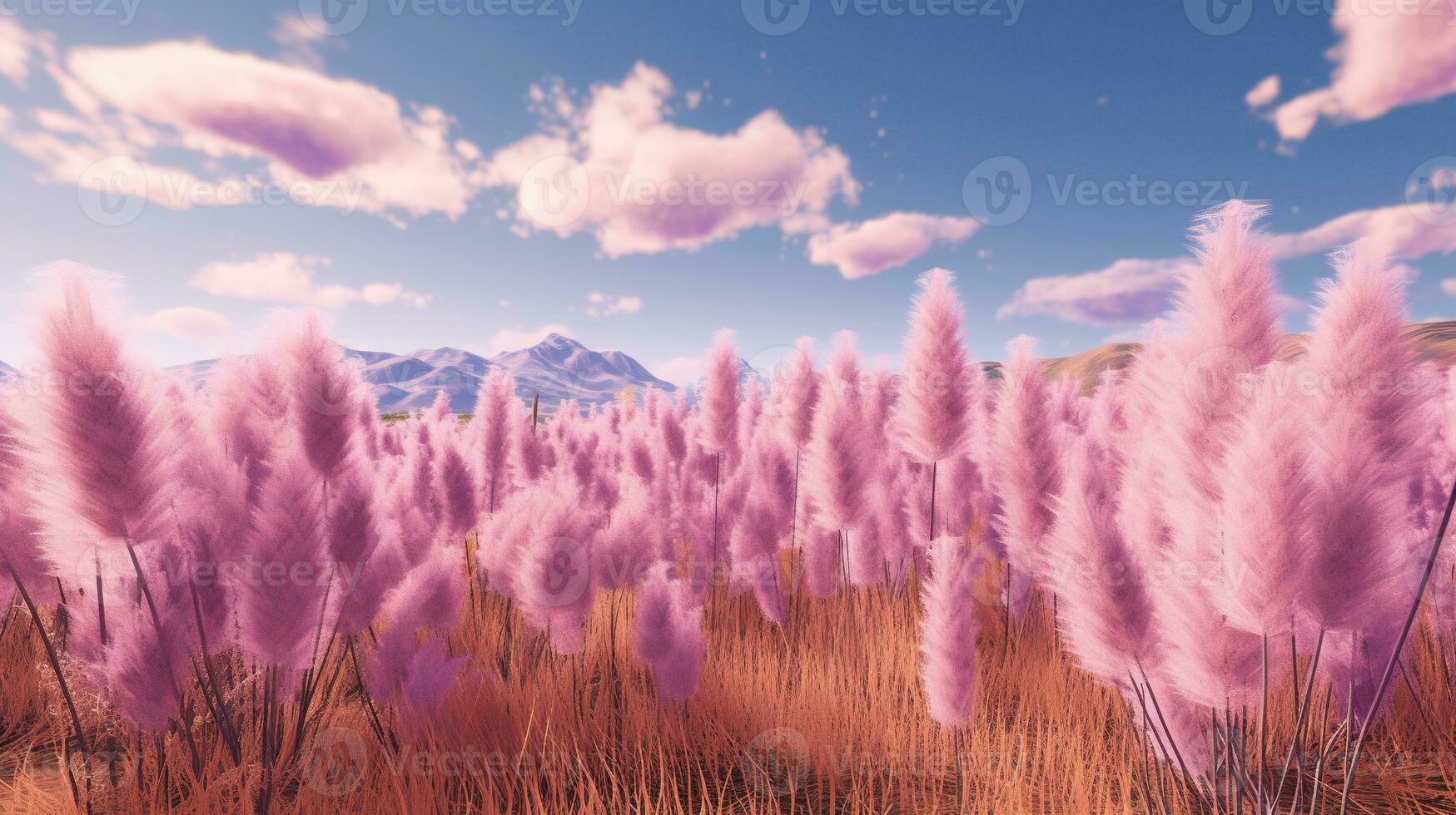 Generative AI, Pampa purple lavender color grass branch with sky. Abstract natural boho background of soft plants, Cortaderia selloana photo