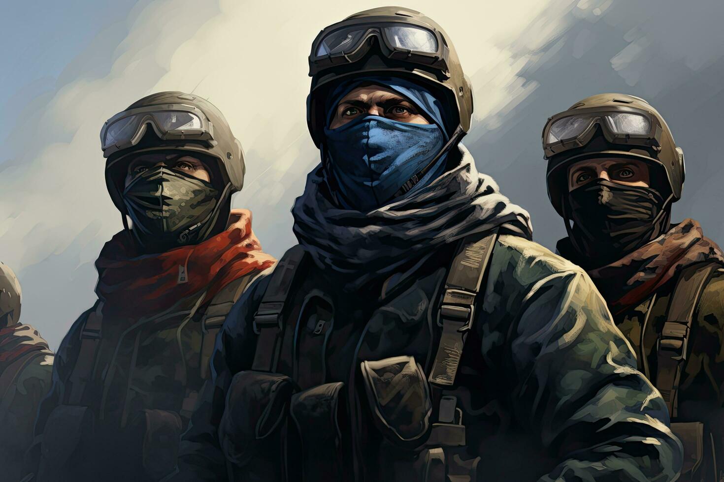 Portrait of a group of people in protective masks on the background of the sky, courageous soldiers wearing face coverings, bravery as they confront the chaos of war, AI Generated photo