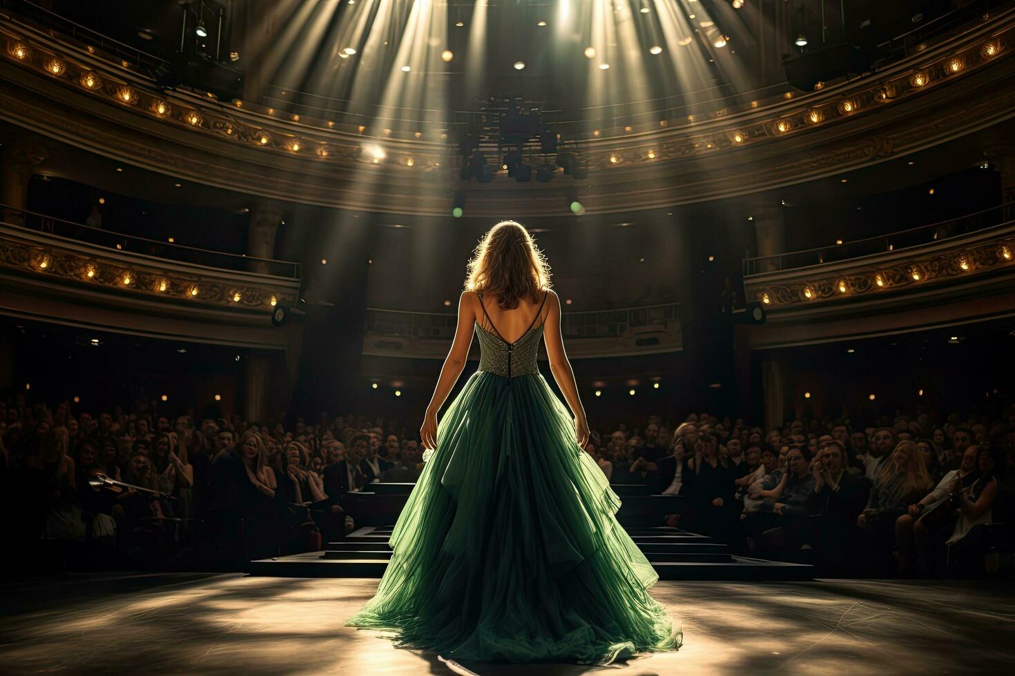 Moda modelo en verde vestir en un pasadizo en el interior de el teatro, hermosa niña en un verde noche vestido, un ópera cantante lleno posterior ver canto en frente de grande audiencia, ai generado foto