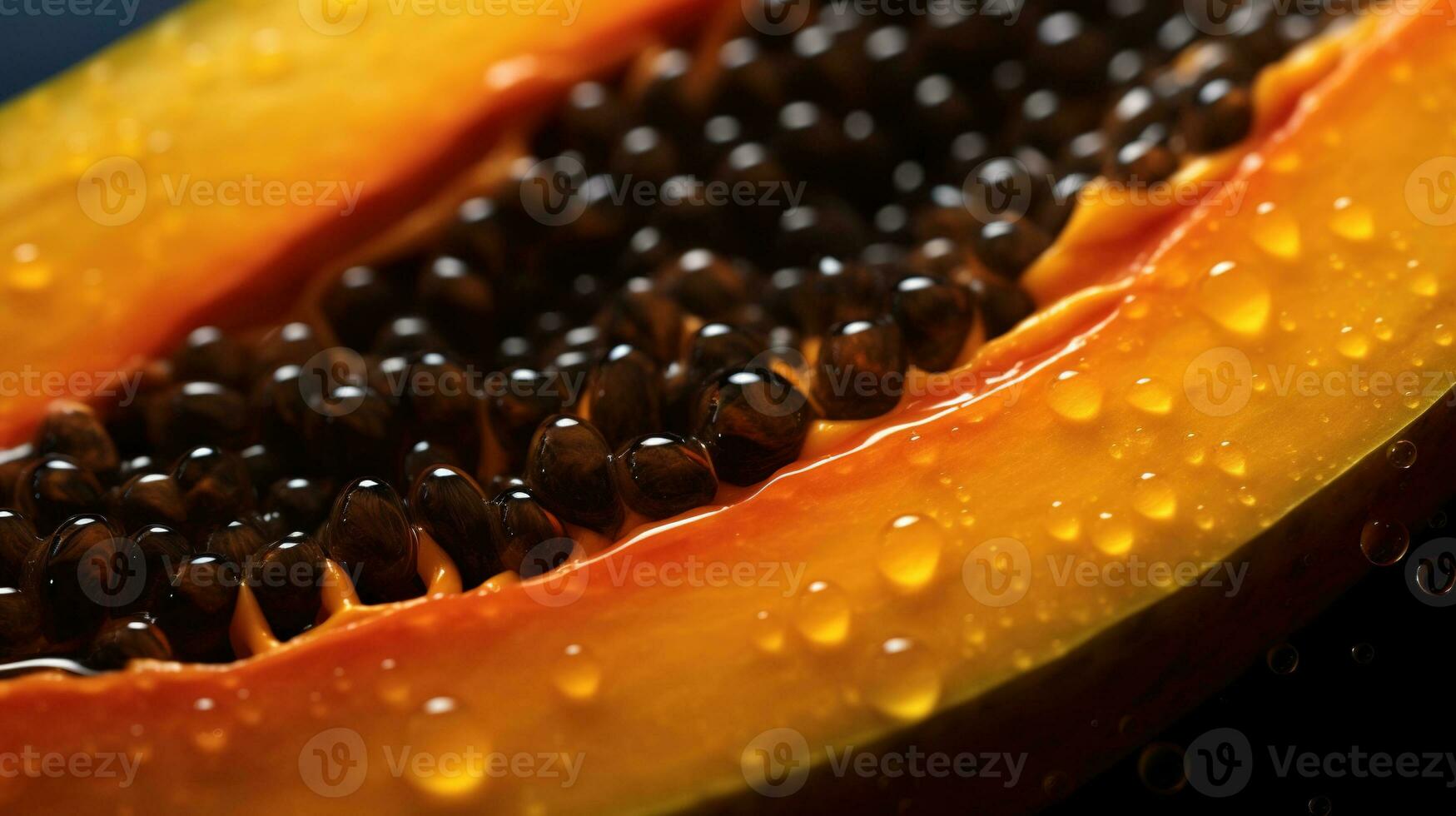 Generative AI, Macro Fresh half of papaya fruit background. Tropical exotic closeup photo with drops