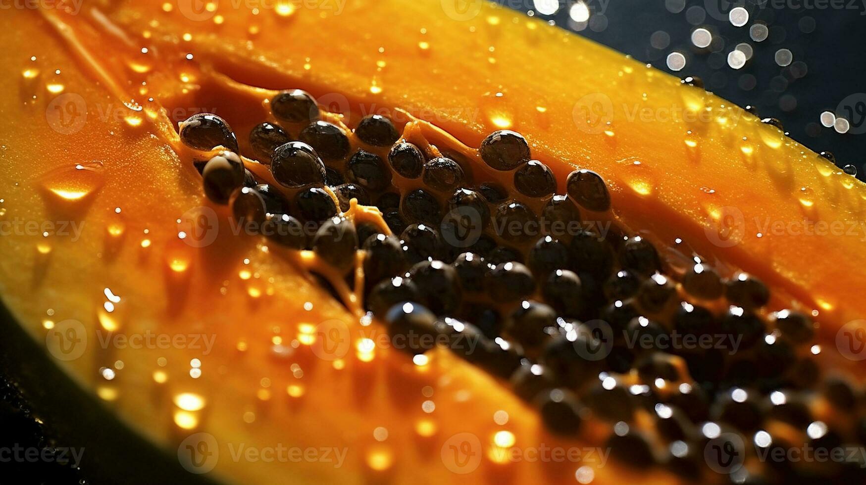 Generative AI, Macro Fresh half of papaya fruit background. Tropical exotic closeup photo with drops