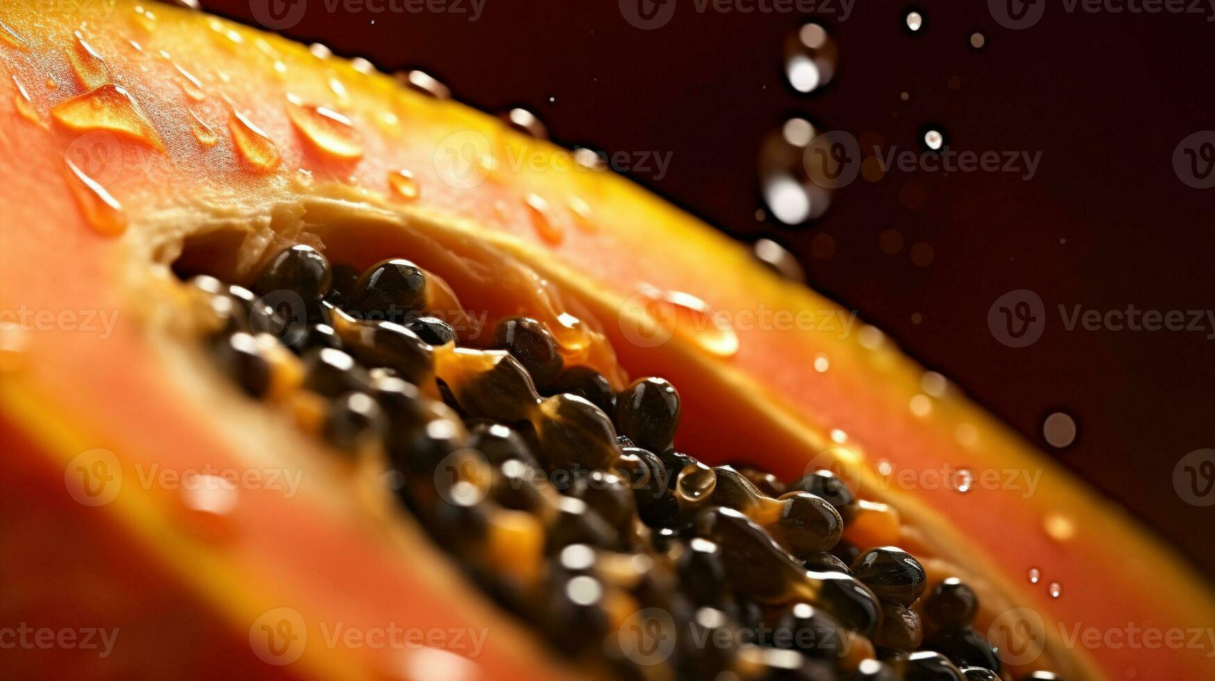 Generative AI, Macro Fresh half of papaya fruit background. Tropical exotic closeup photo with drops