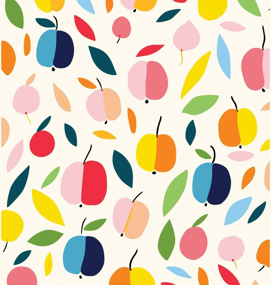 vistoso manzanas tela por Juana tweets en cucharaflor personalizado tela, en el estilo de multicolor minimalismo, blanco fondo, inspirado en la naturaleza motivos, caprichoso abstracción, noruego naturaleza vector