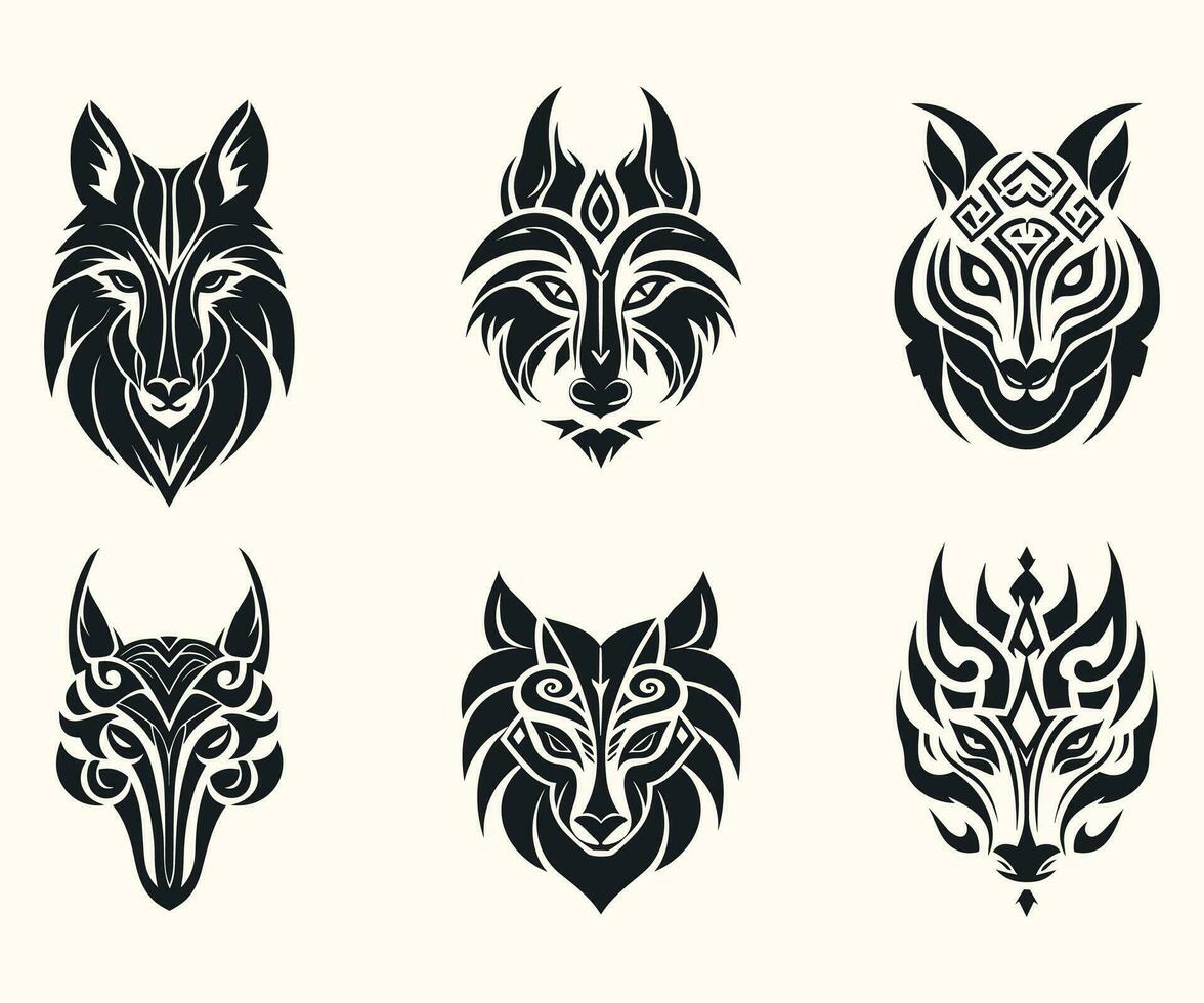 tribal lobo cabeza tatuaje, en el estilo de simplificado perro cifras, peludo arte, de inspiración oriental motivos, grabado adornos, arremolinándose vórtices, fluido líneas vector