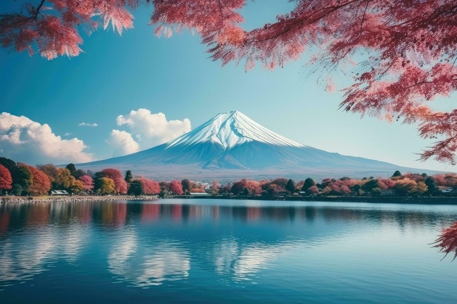 Mt. Fuji and lake Kawaguchiko, Japan. Beautiful Fuji mountain and lake landscape view with colorful tree leaves, AI Generated photo
