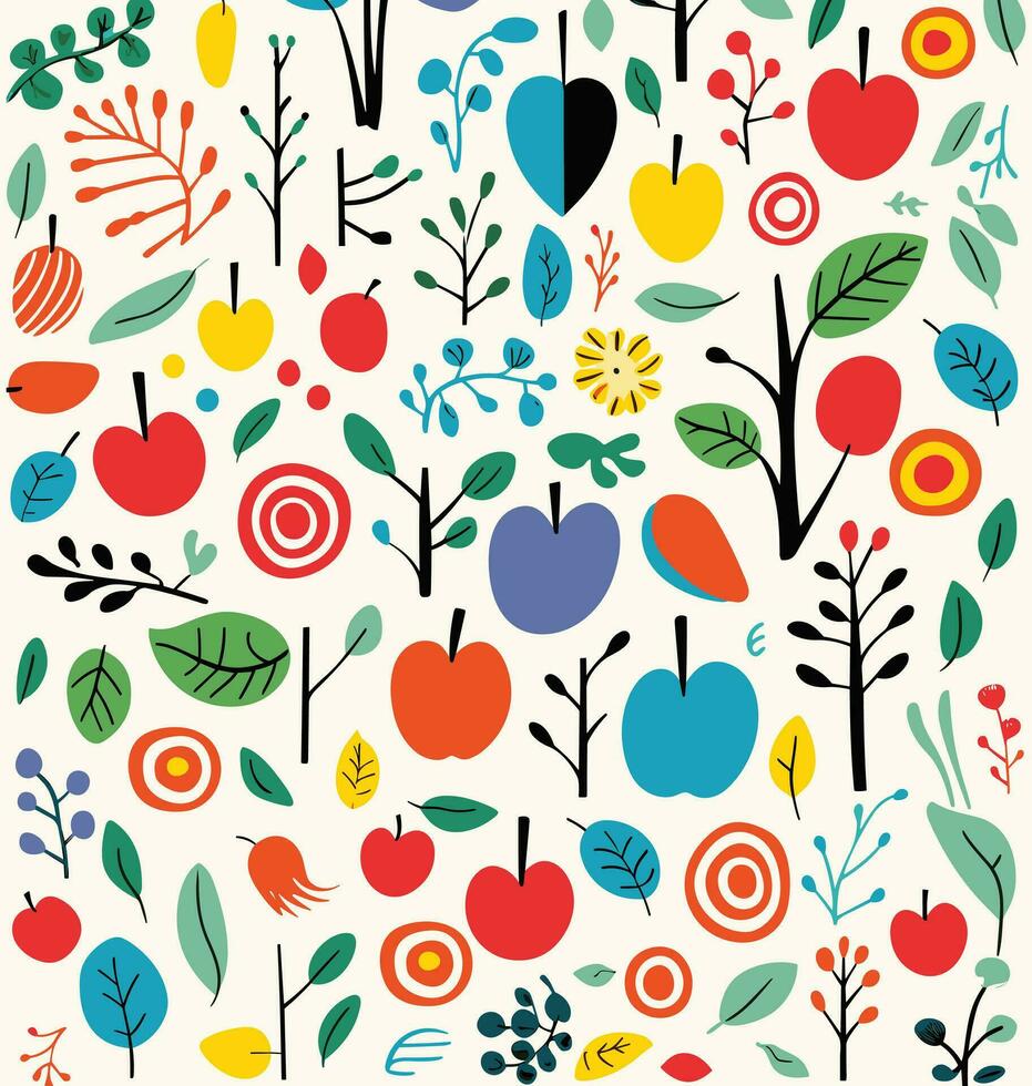 colorful pattern with apples and vines, subtle playfulness, simple, colorful illustrations, kubisi art, blink-and-you-miss-it detail, norwegian nature,playful and whimsical imagery vector