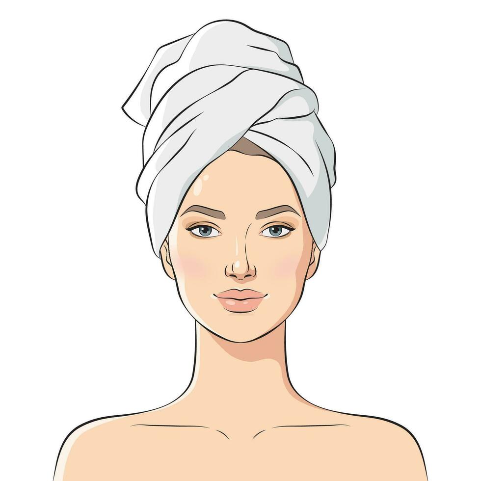 Beautiful young woman face with bath towel on her head, vector illustration