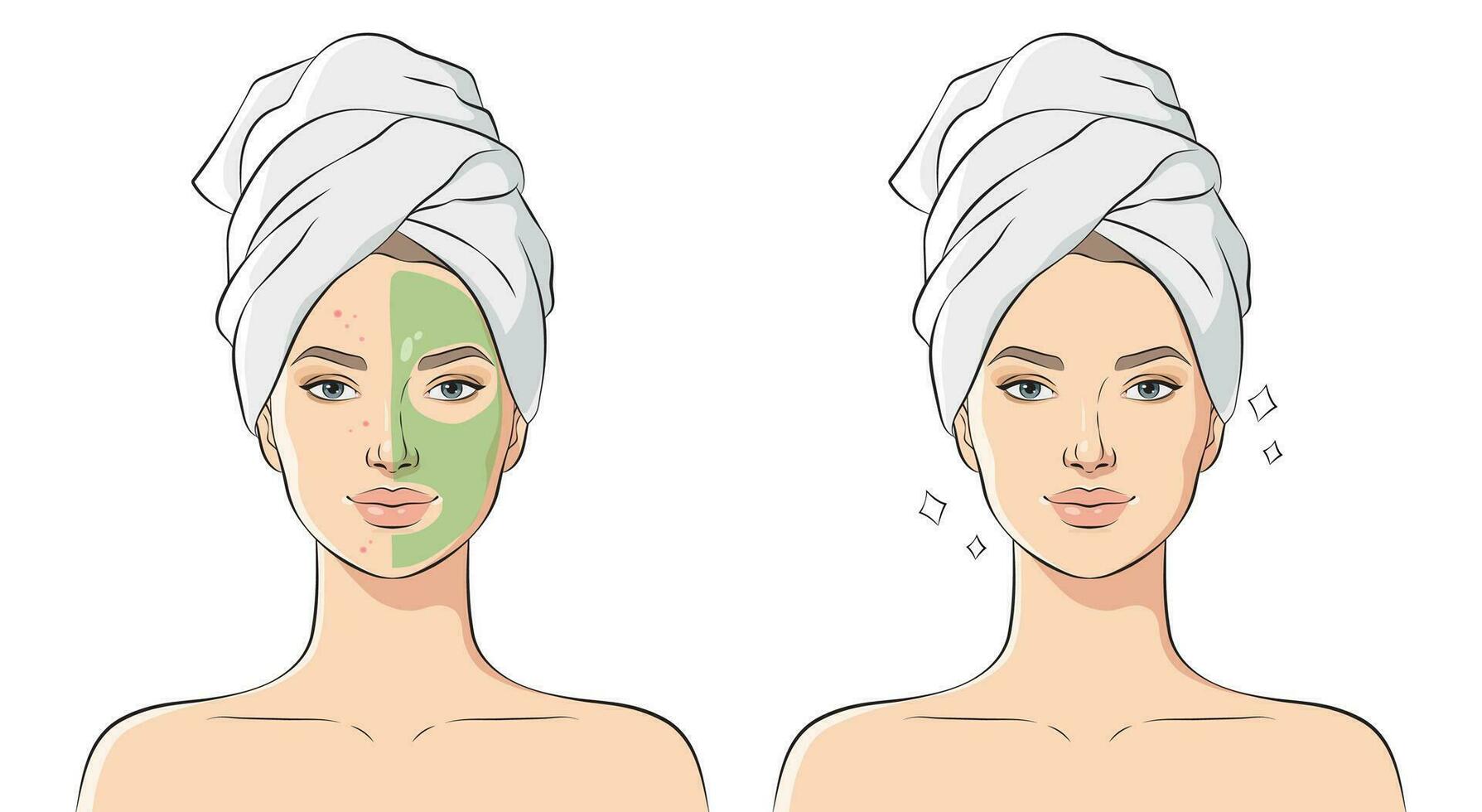 Woman with problem skin uses cosmetic mask, vector illustration