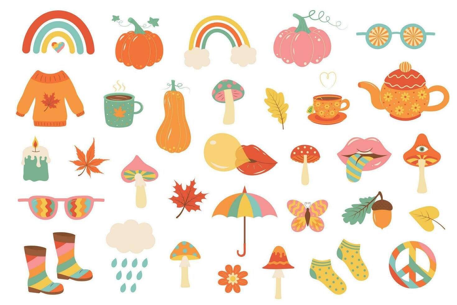 Groovy retro autumn set. Fall psychedelic cute icons 60s, 70s. Hippie aesthetic collection. vector