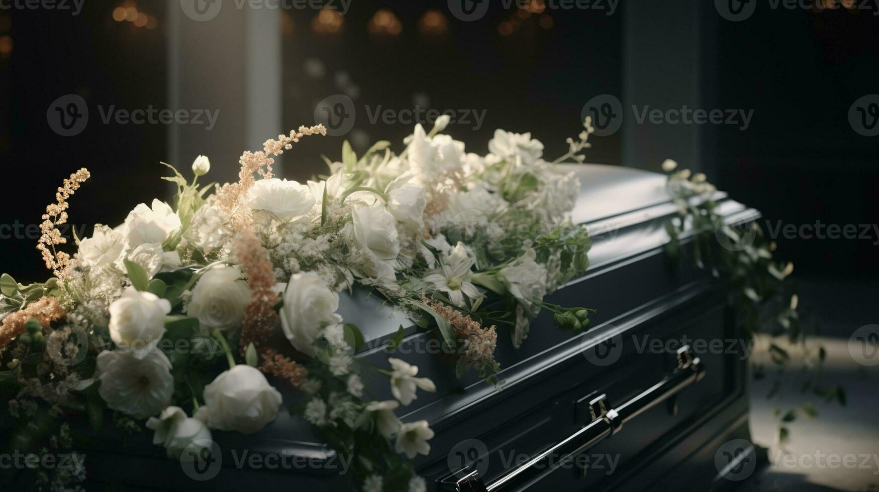 Generative AI, Flowers on a coffin in the funeral or burial services at cemetery, casket with flowers photo