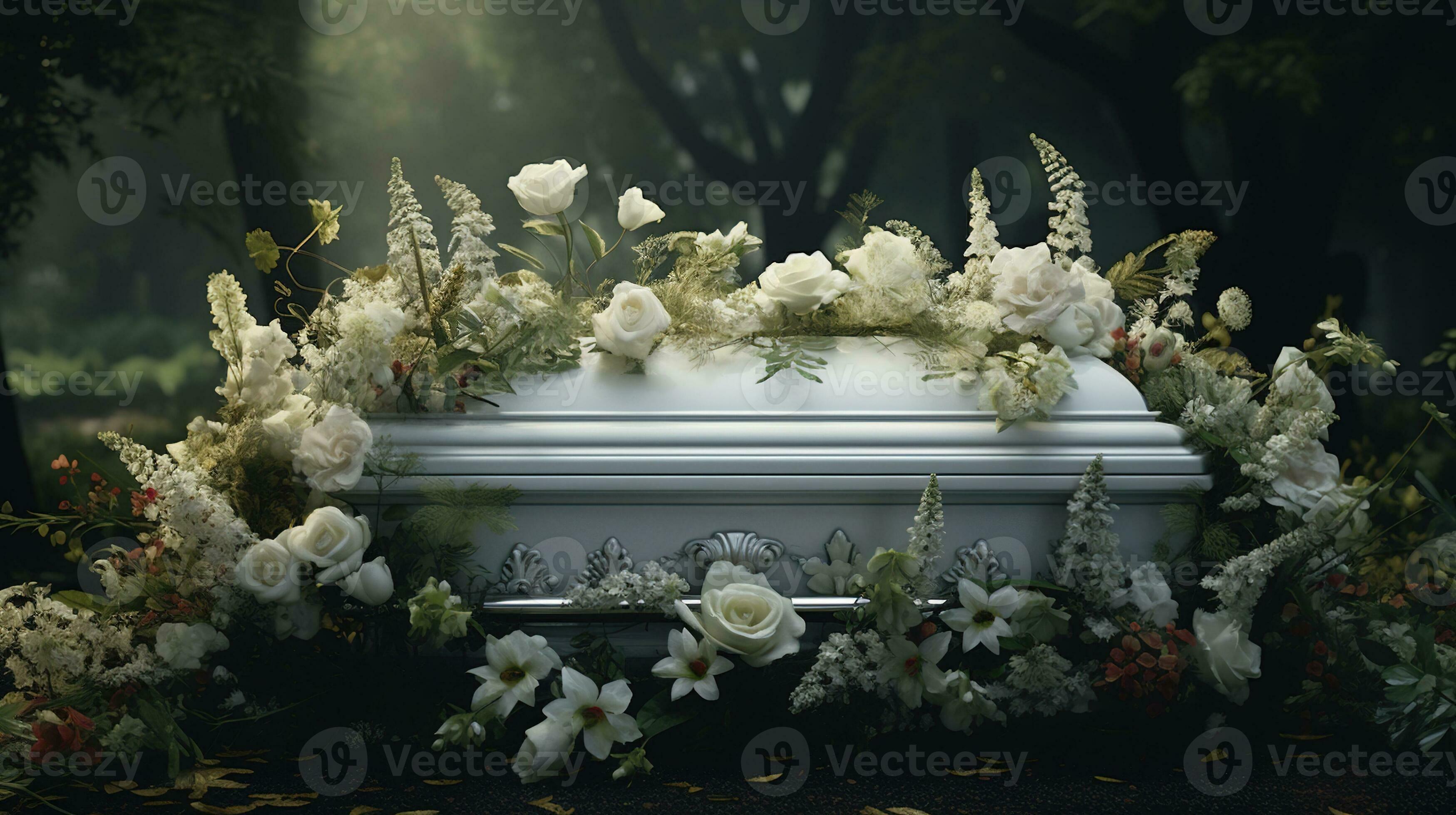 Generative AI, Flowers on a coffin in the funeral or burial services at