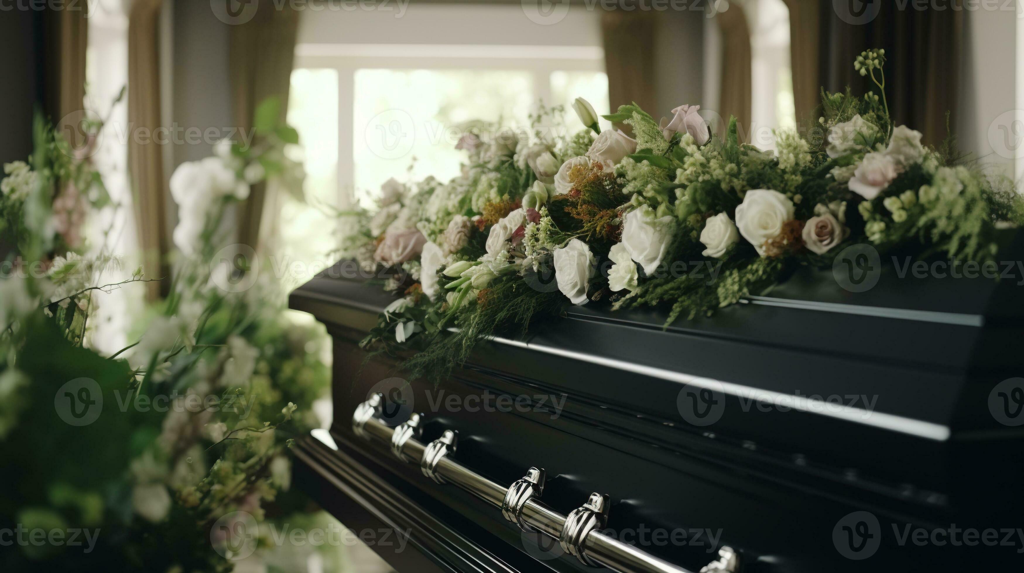Generative AI, Flowers on a coffin in the funeral or burial services at