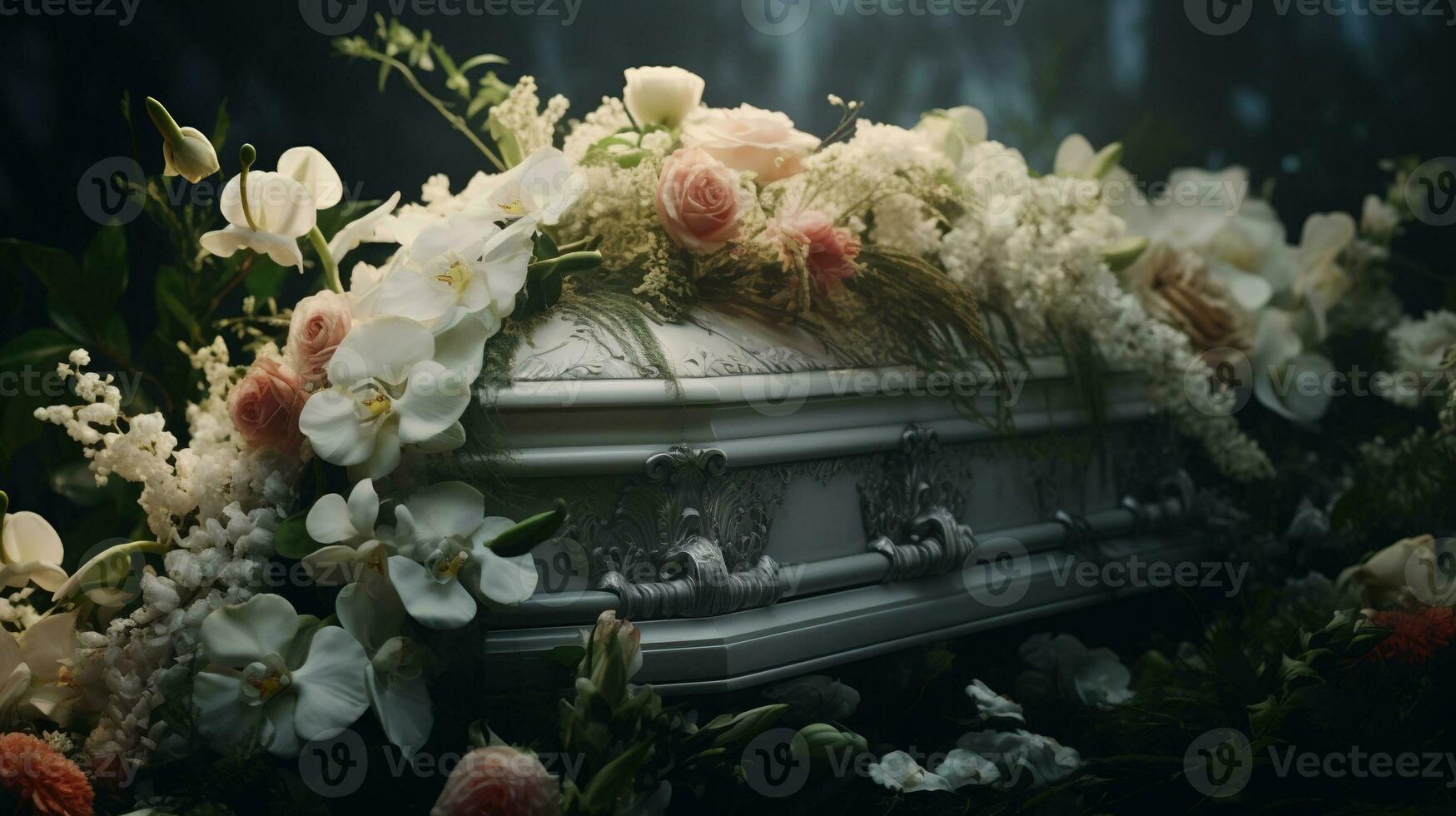 Generative AI, Flowers on a coffin in the funeral or burial services at