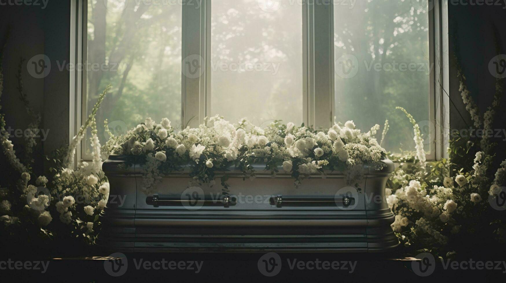 Generative AI, Flowers on a coffin in the funeral or burial services at cemetery, casket with flowers photo