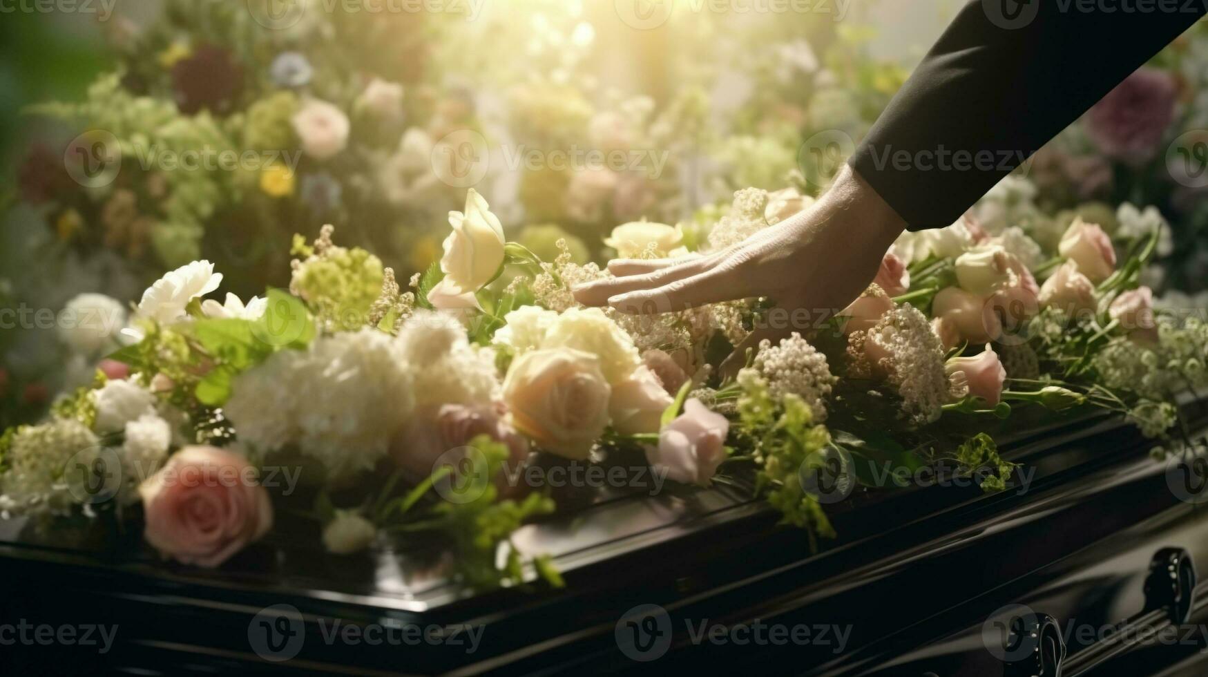 Generative AI, Flowers on a coffin in the funeral or burial services at cemetery, casket with flowers photo