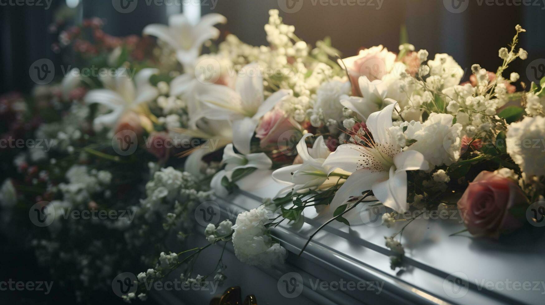 Generative AI, Flowers on a coffin in the funeral or burial services at cemetery, casket with flowers photo