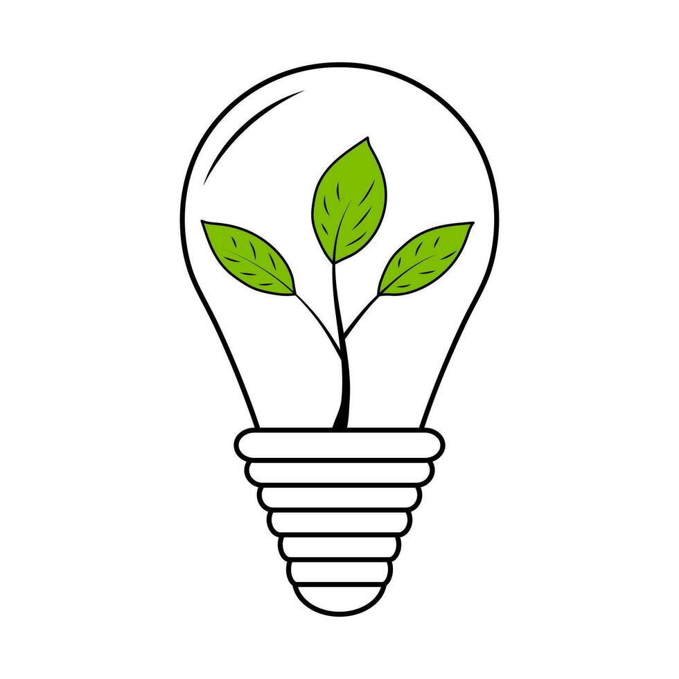 Light bulb with green leaves in doodle style. Green energy. Eco icon. vector