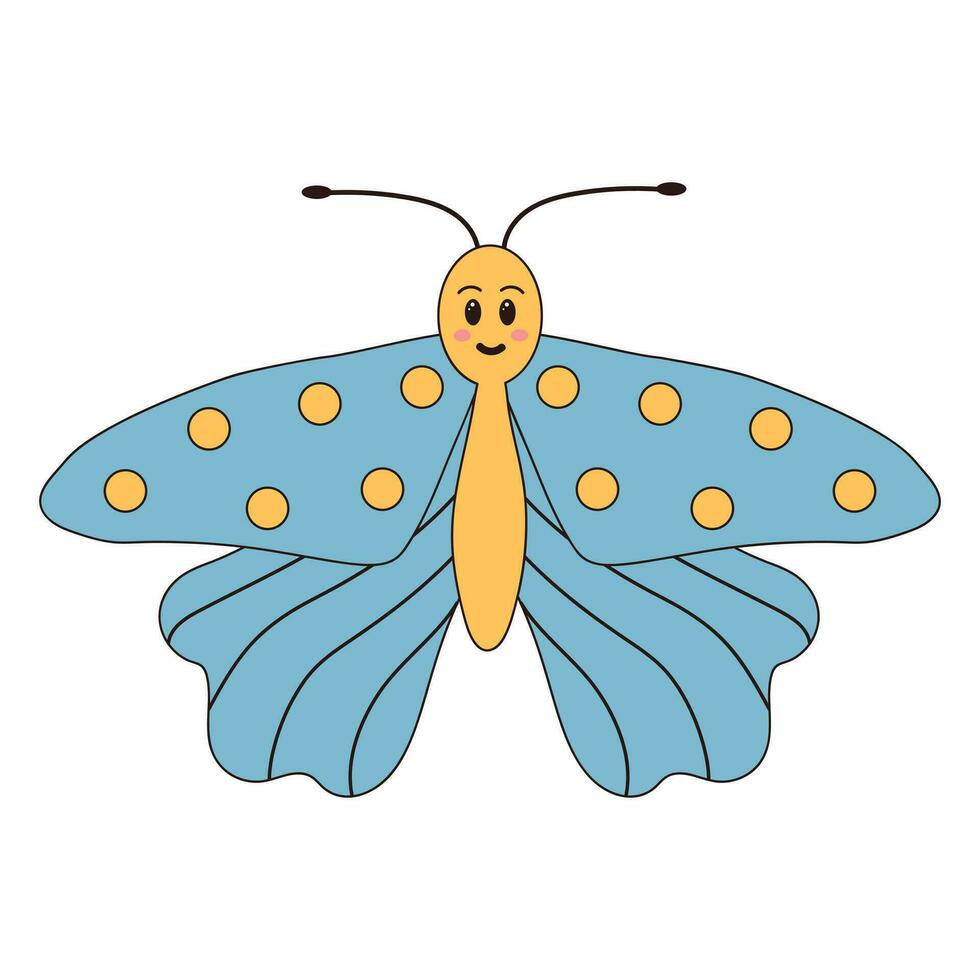 Groovy retro cartoon butterfly character. Linear color vector illustration