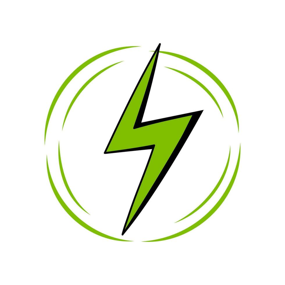 Green lightning bolt in a circle icon. Power charging energy sign. vector