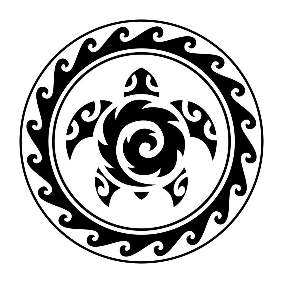 Sea turtle round circle ornament Maori style. Tattoo sketch. Black and white. vector