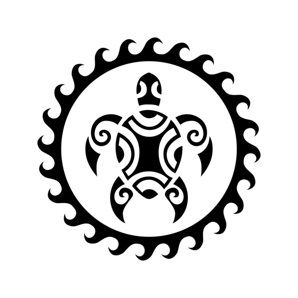 Sea turtle round circle ornament Maori style. Tattoo sketch. Black and white. vector