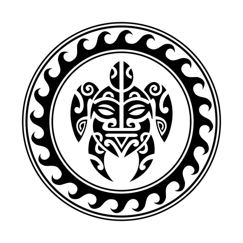 Sea turtle round circle ornament Maori style. Tattoo sketch. Black and white. vector