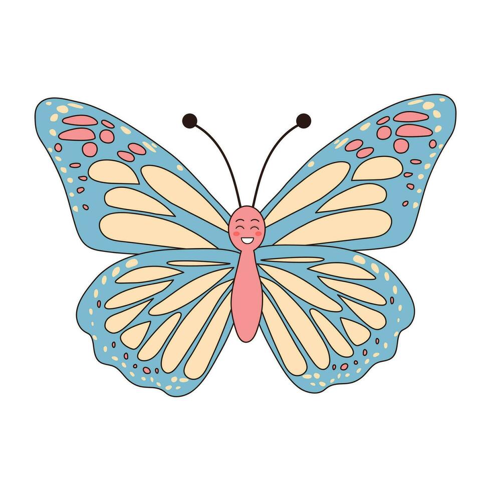 Groovy retro cartoon butterfly character. Linear color vector illustration