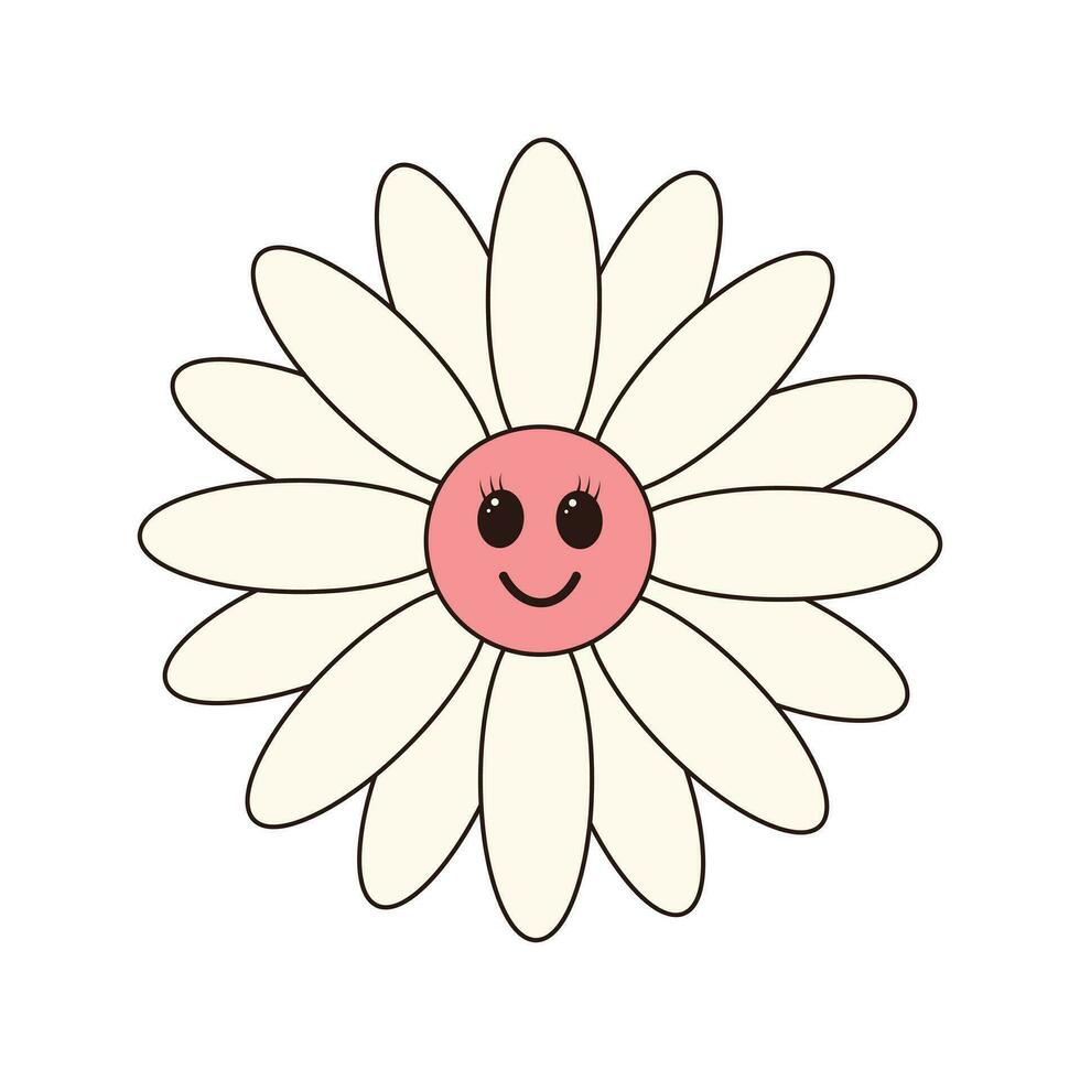 Retro groovy daisy flower character. . Linear color vector illustration