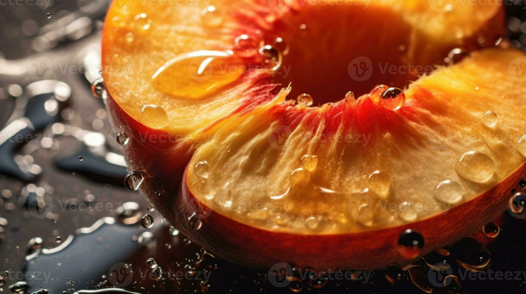 Generative AI, bright slice of juicy ripe peach and water drops, macro of summer fruit photo