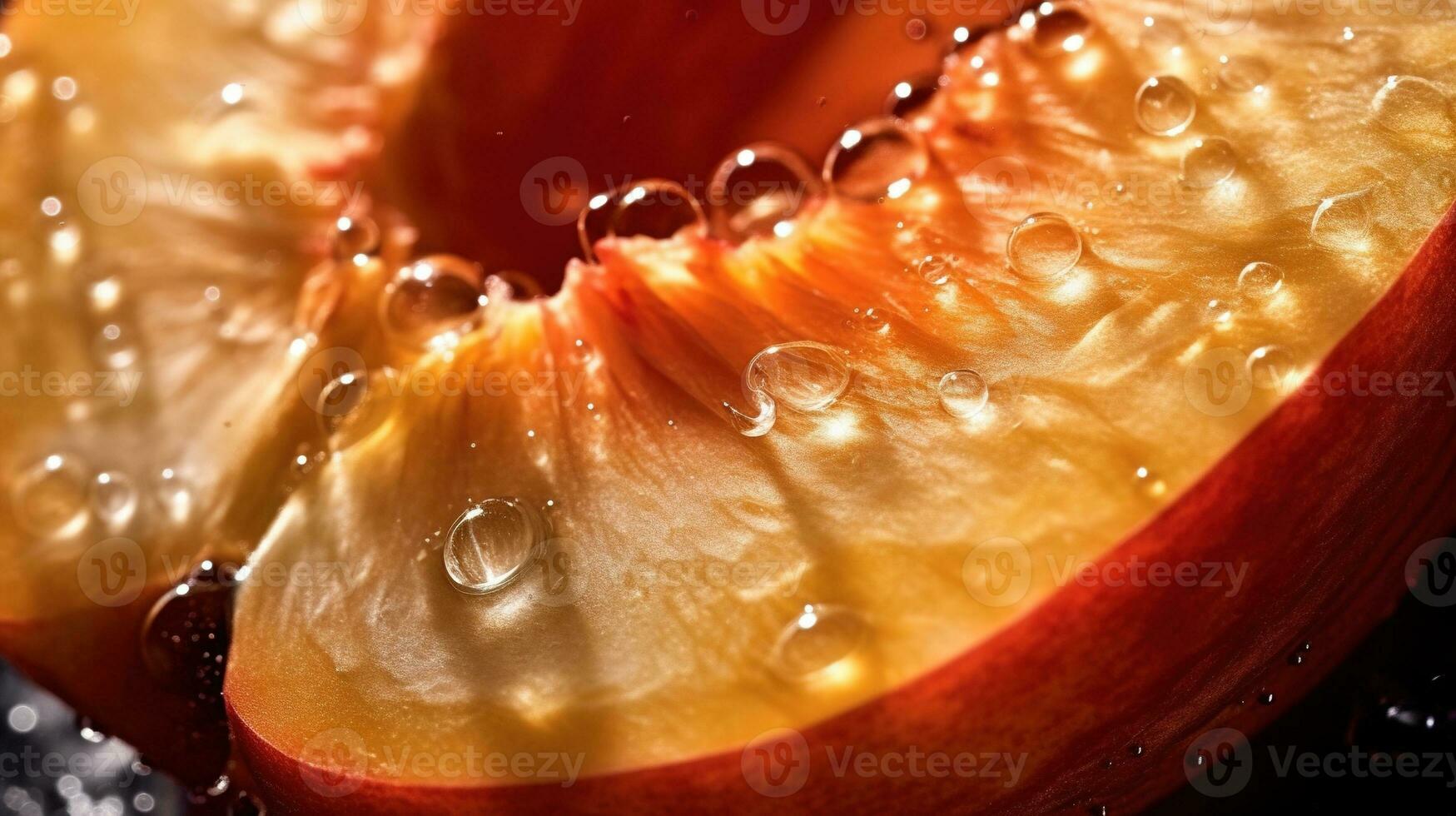 generativo ai, brillante rebanada de jugoso maduro melocotón y agua gotas, macro de verano Fruta foto