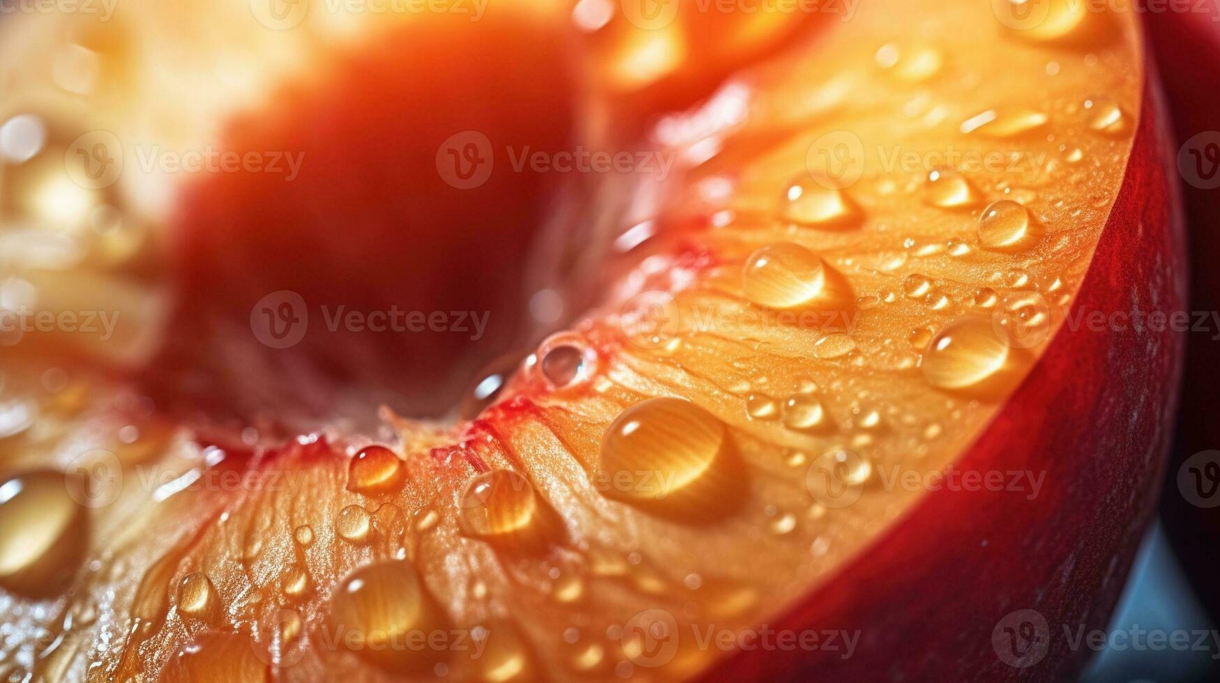 Generative AI, bright slice of juicy ripe peach and water drops, macro of summer fruit photo