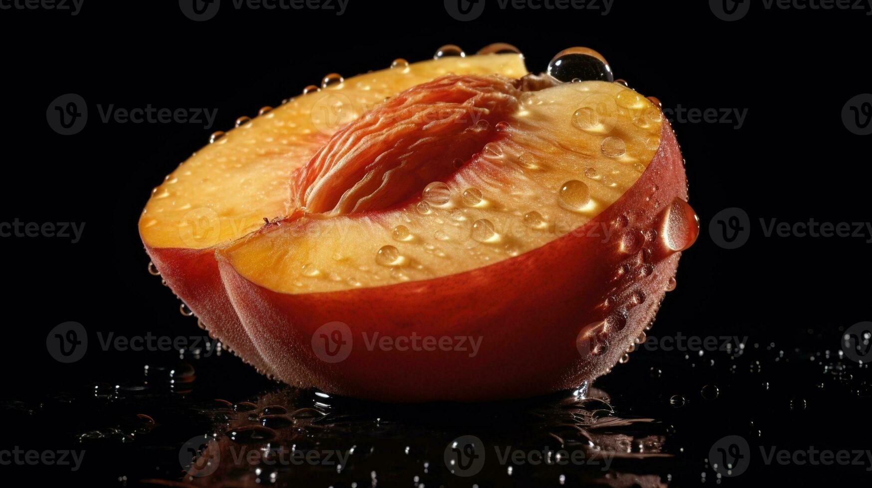 Generative AI, bright slice of juicy ripe peach and water drops, macro of summer fruit photo