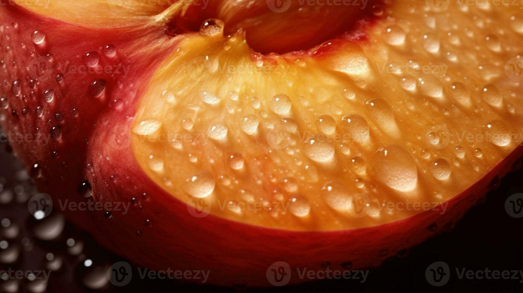 generativo ai, brillante rebanada de jugoso maduro melocotón y agua gotas, macro de verano Fruta foto