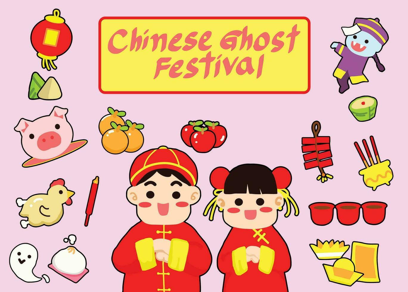 Chinese man and woman in the red dress,icon set for Chinese ghost festival vector