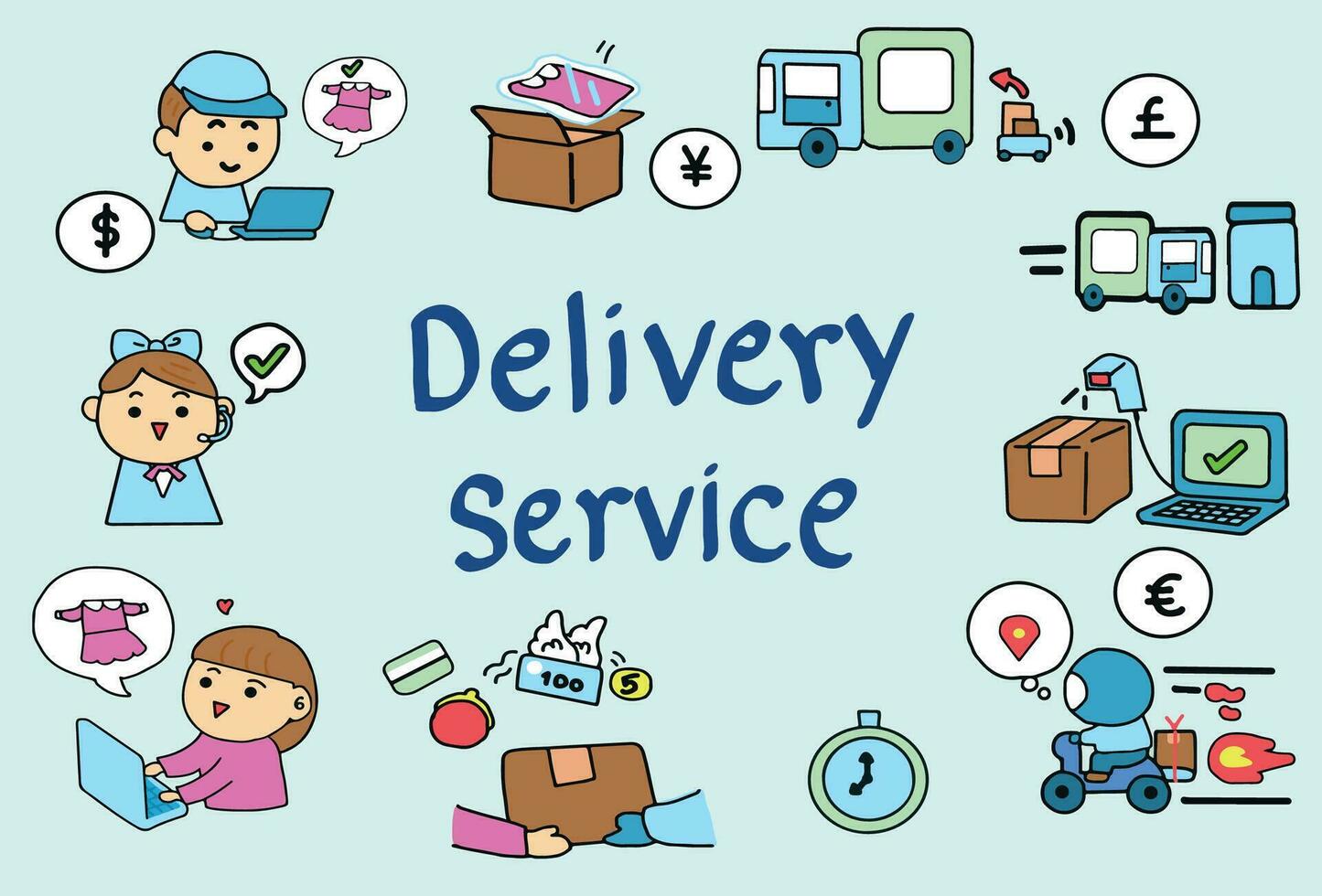 Delivery service concept doodle art -cartoon character style. vector