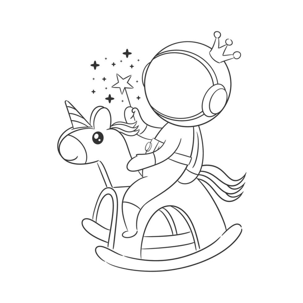 Astronaut riding a toy unicorn for coloring vector