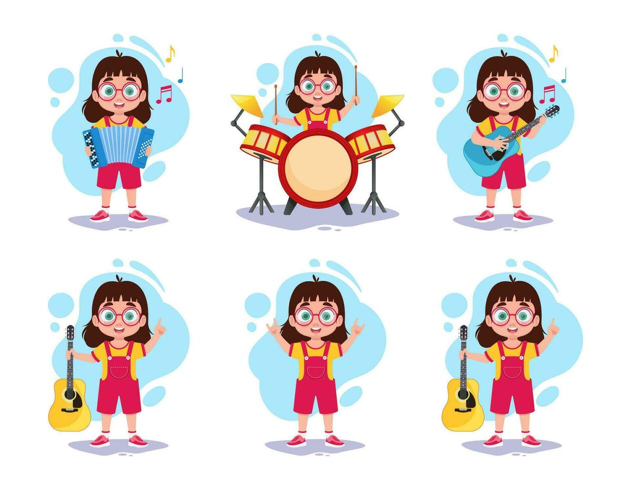 conjunto de ilustraciones de un niña jugando música vector
