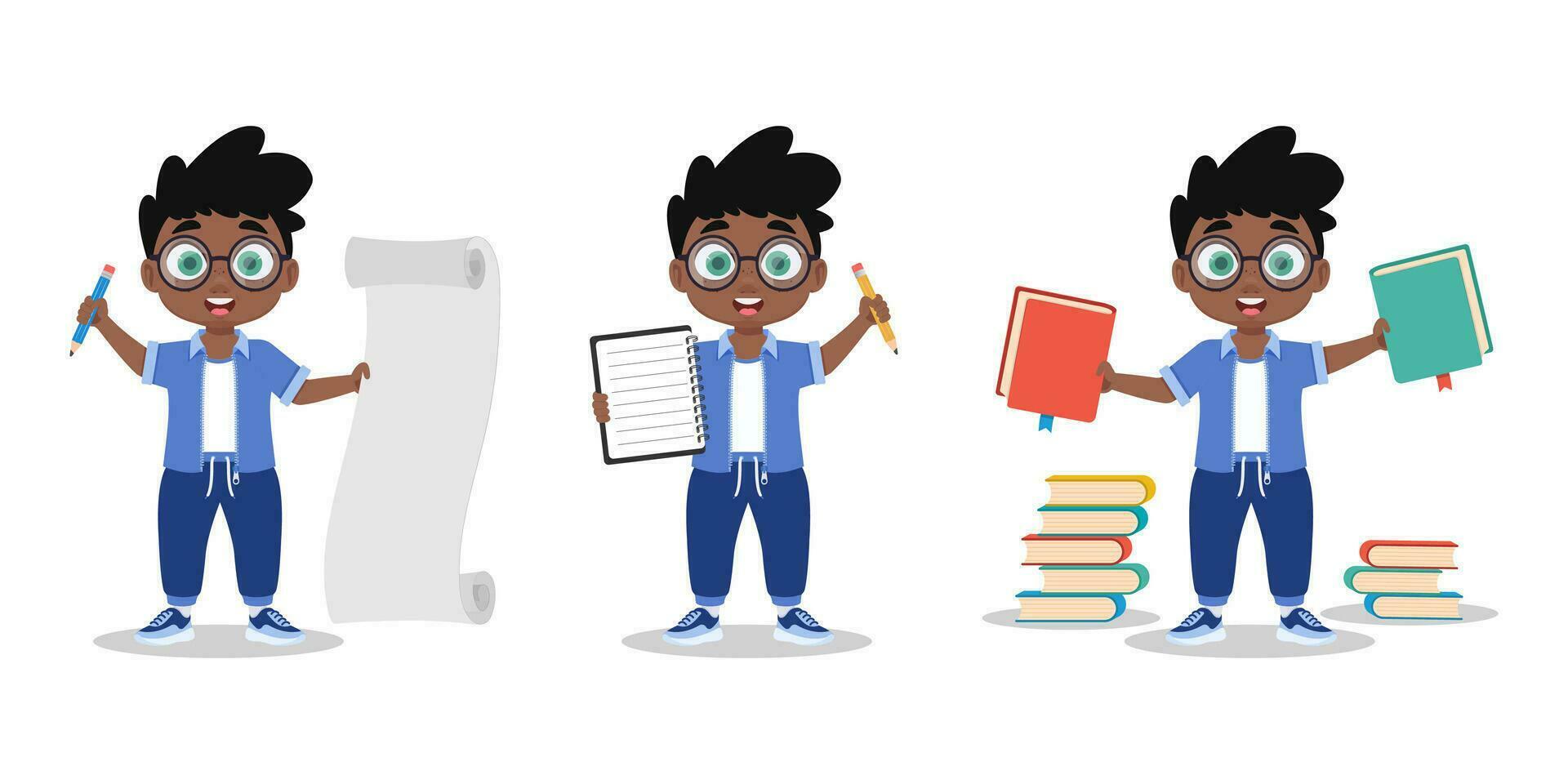conjunto de ilustraciones de un chico con un cuaderno y un lápiz vector