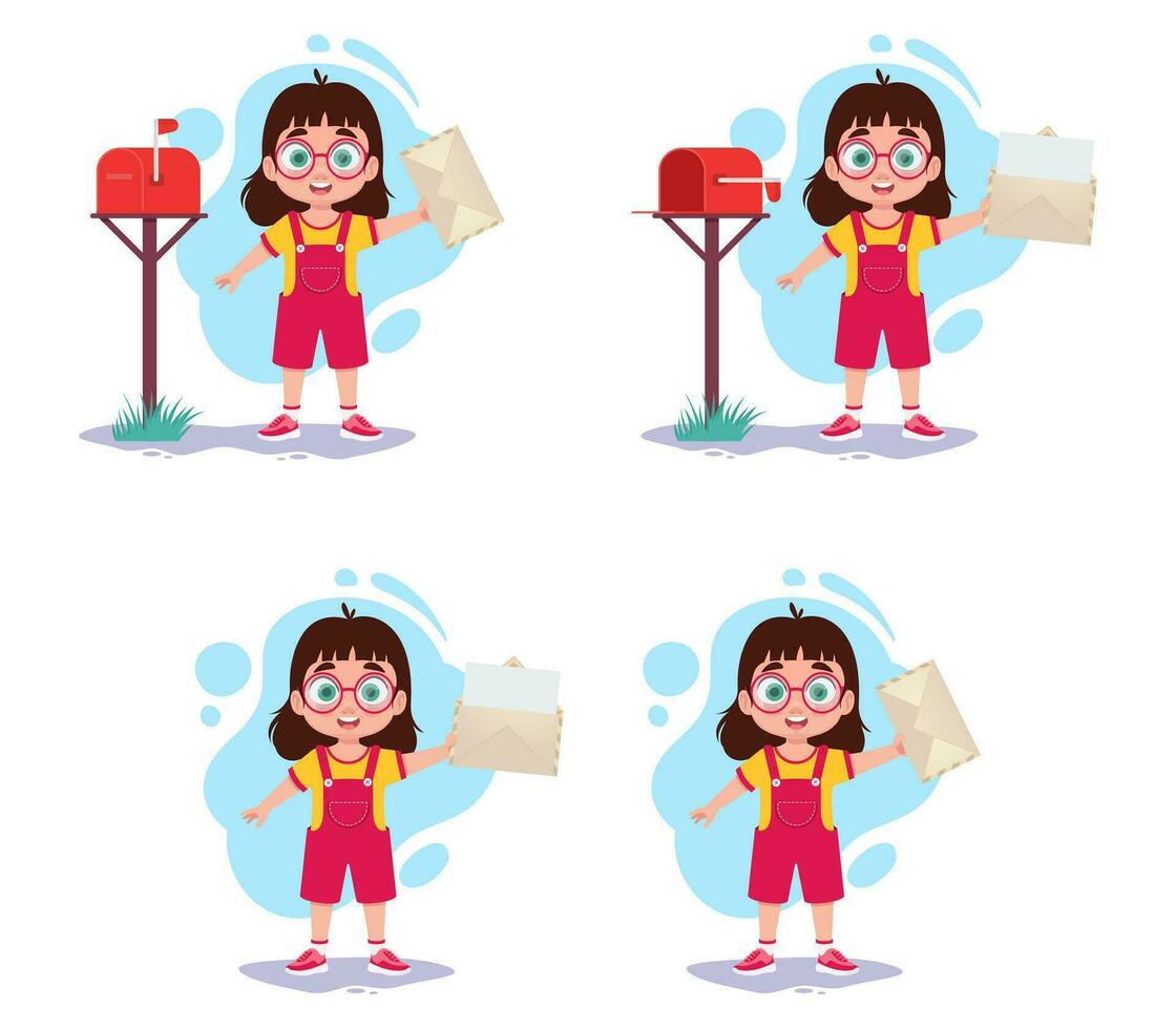 Set of illustrations of a girl with a mailbox vector