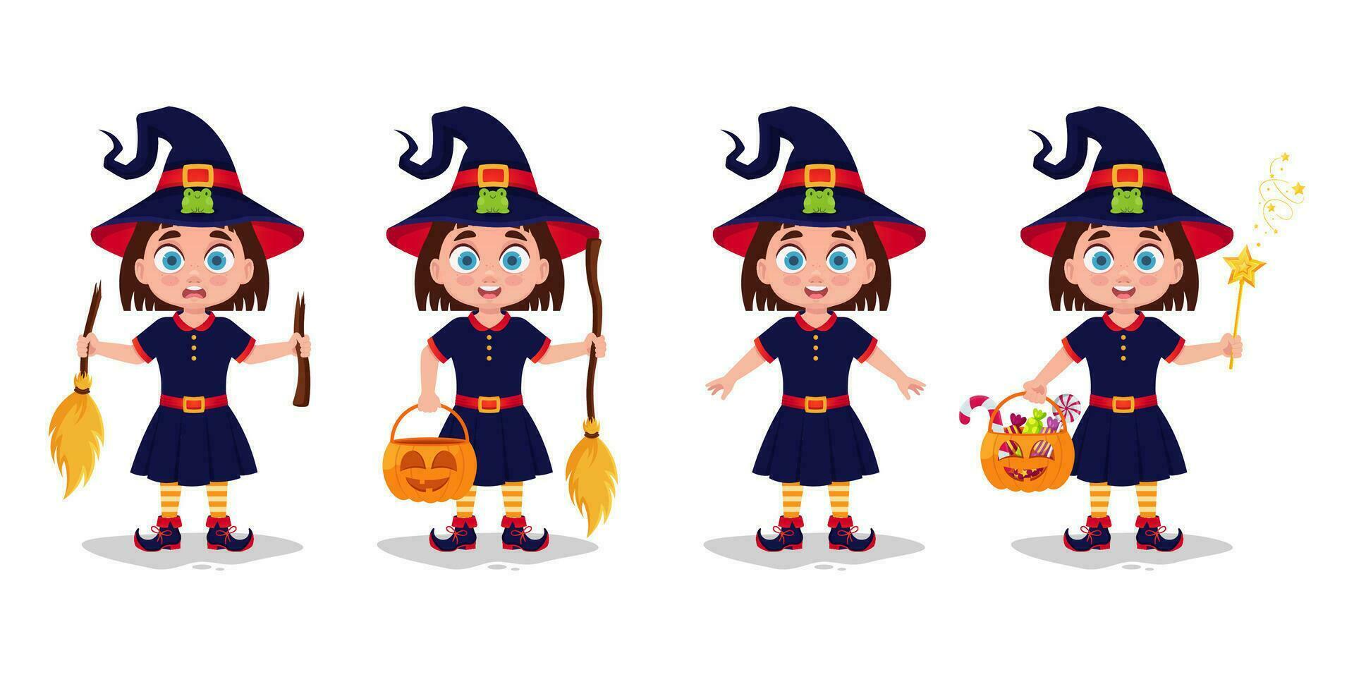 conjunto de ilustraciones de un niña en un bruja disfraz vector