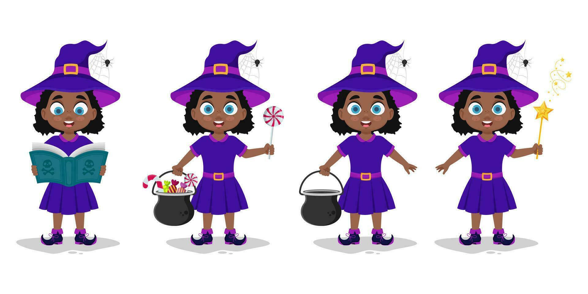 Set of illustrations of a girl in a witch costume vector