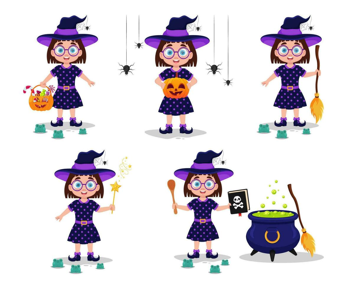 Set of illustrations of a girl in a witch costume vector