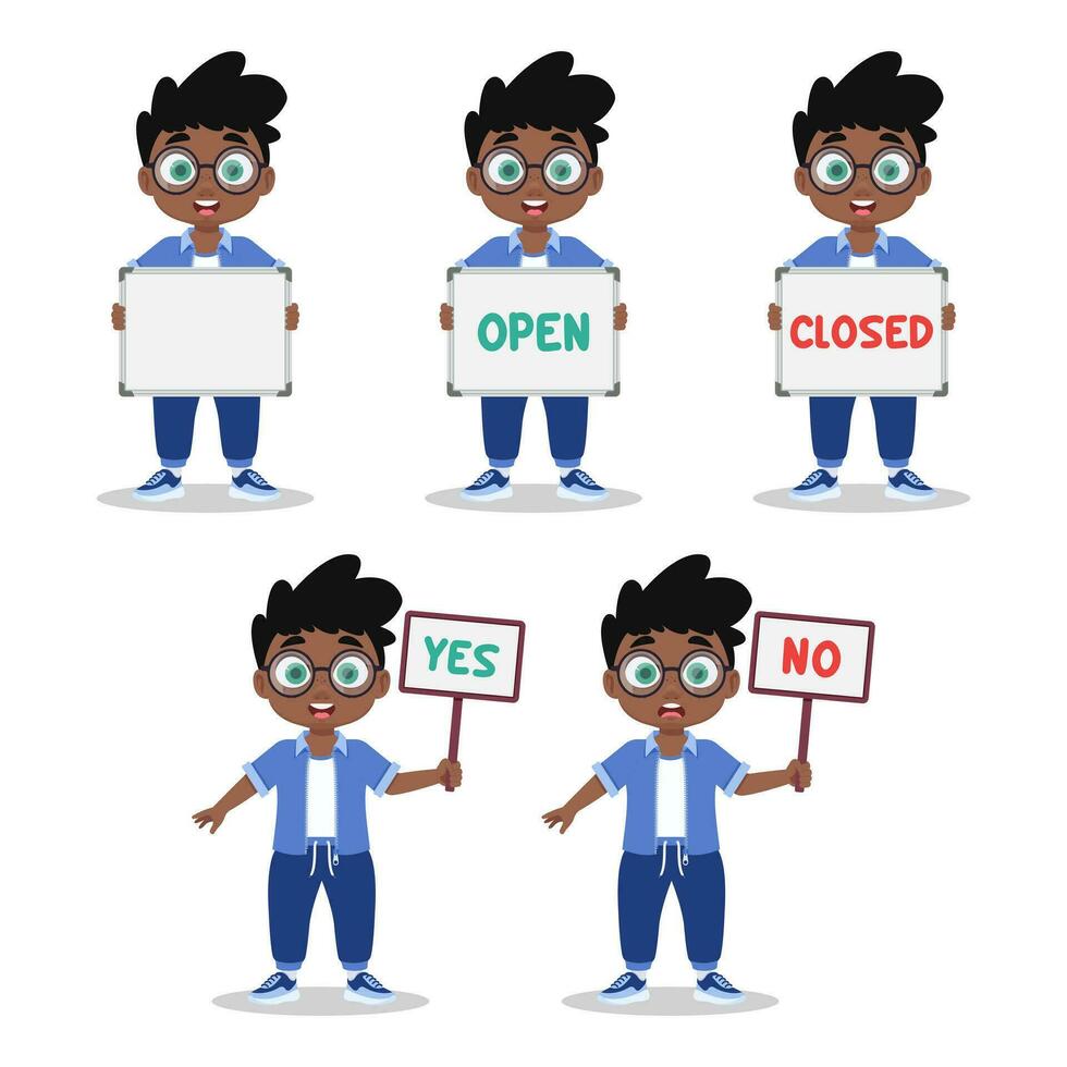 Set of illustrations of a boy holding a sign vector