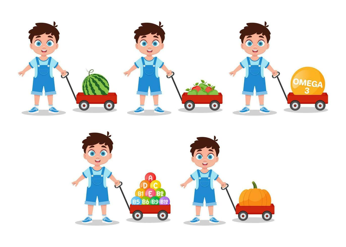 chico con un rojo carro, rojo carro con sandía, manzanas, calabaza, vitaminas, omega vector
