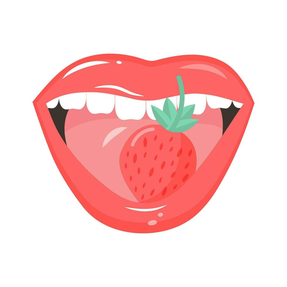 Open mouth with strawberry in it. Red lips with a sweet juicy strawberry. vector