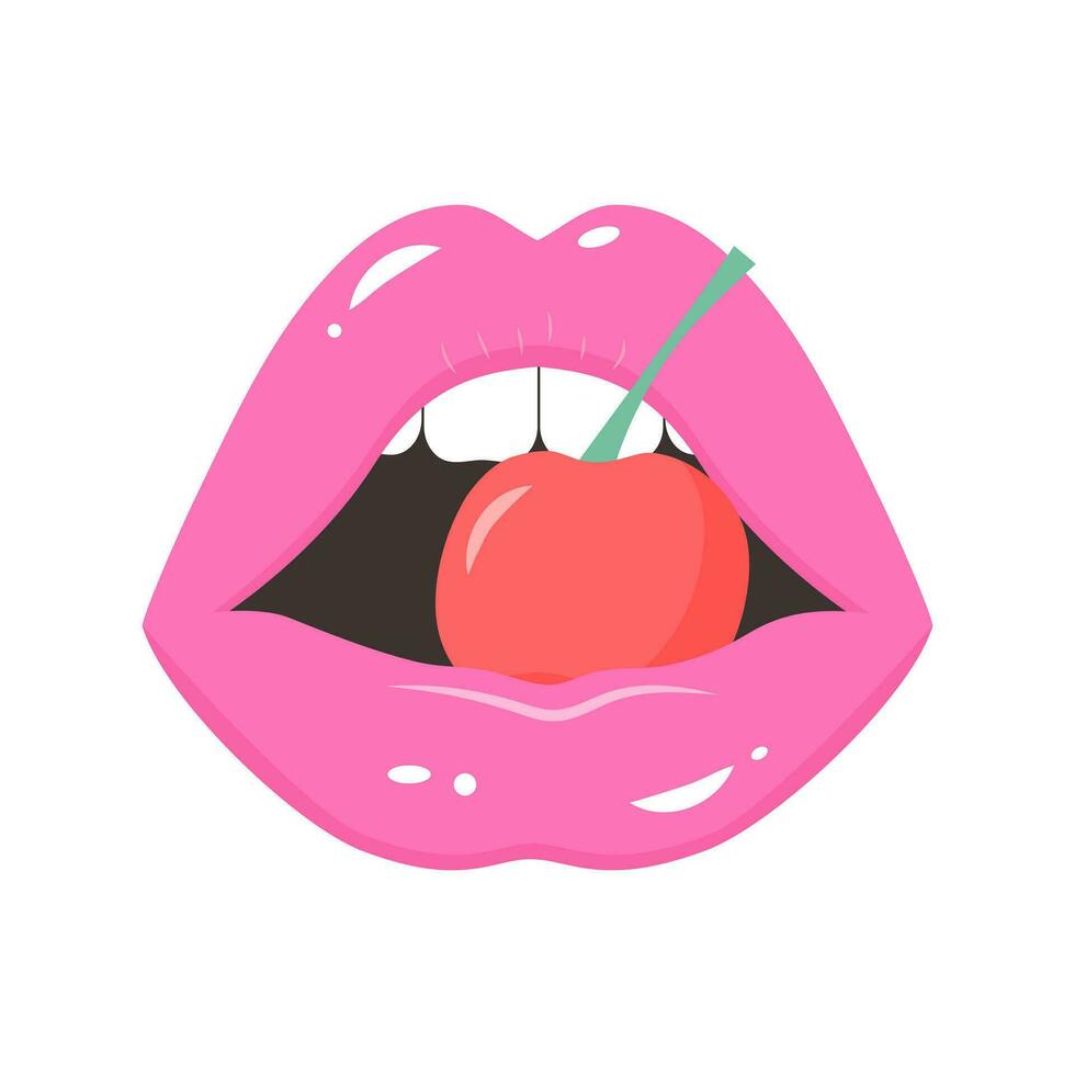labios con cereza. abierto boca con blanco dientes comiendo un cereza. vector