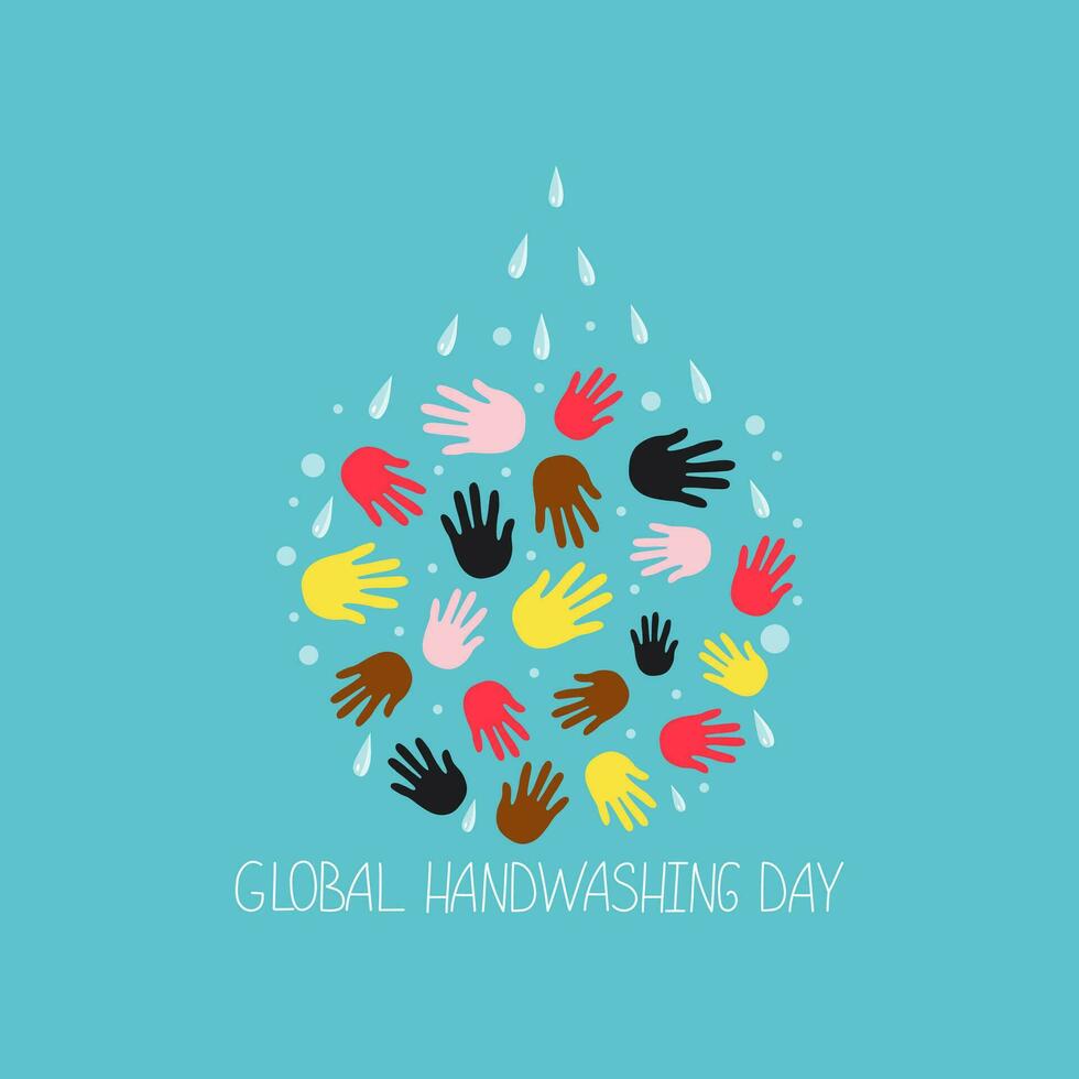 Written by hand. World handwashing day.  Human Hands of different colors, tap water, pouring water. Washing hands. Calligraphy text. Vector illustration.