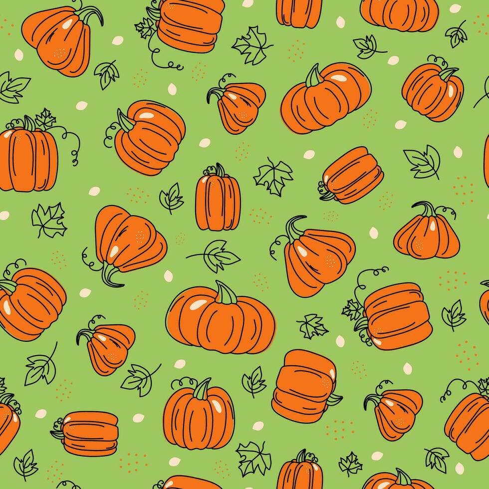 Pattern is Autumn. A set of vegetables, a pumpkin. Halloween. Harvest of vegetables. Contour drawing, colored spots. Harvest, food. Fall season. Doodle. Vector seamless background.